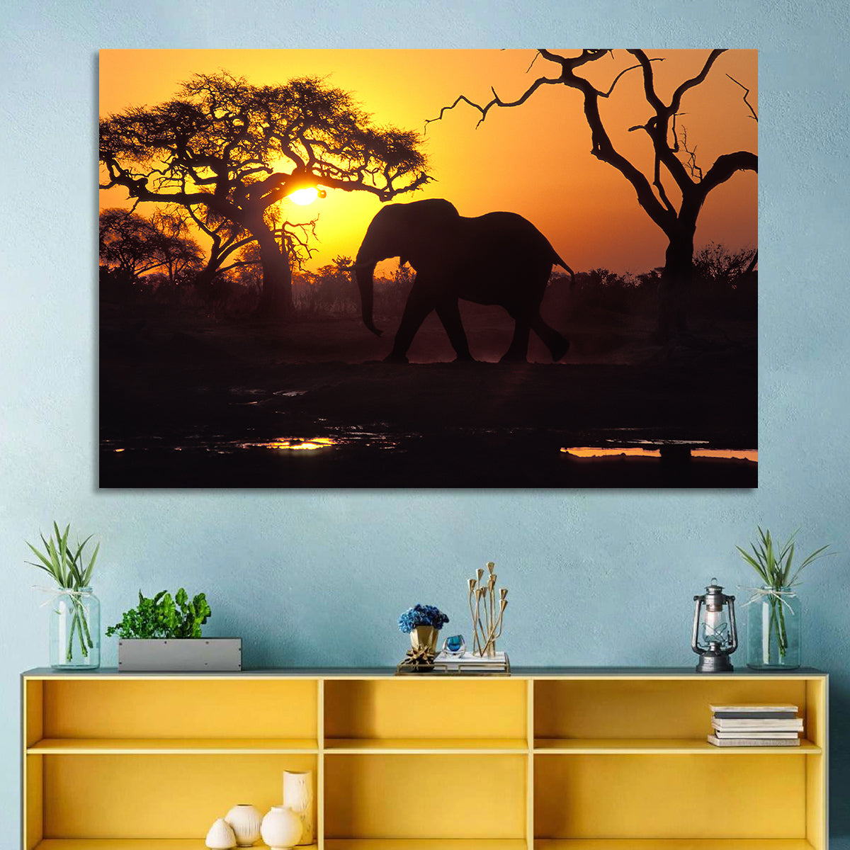 Elephant at Sunset Wall Art in a room, landscape