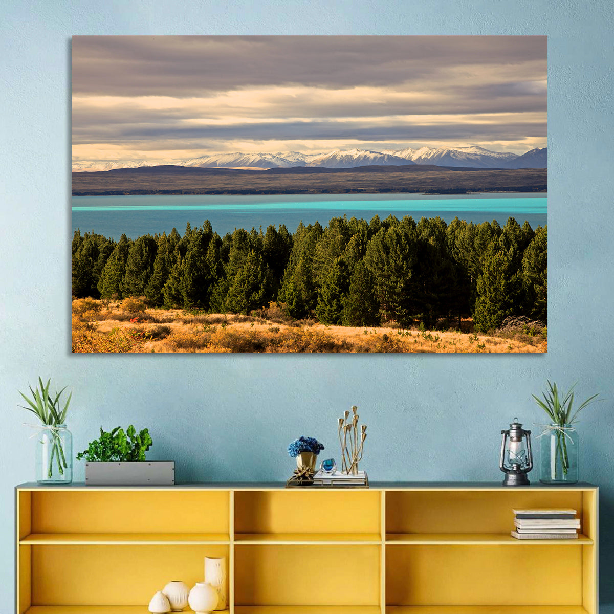 Lake Pukaki Turquoise View Wall Art in a room, landscape