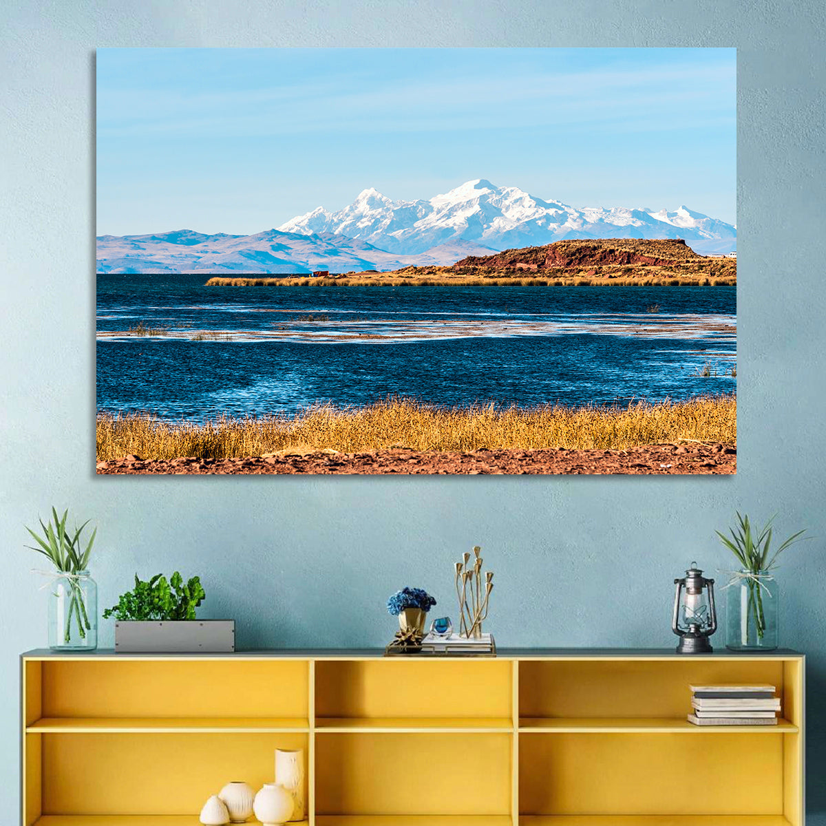 Lake Titicaca Blue and Gold Wall Art in a room, landscape
