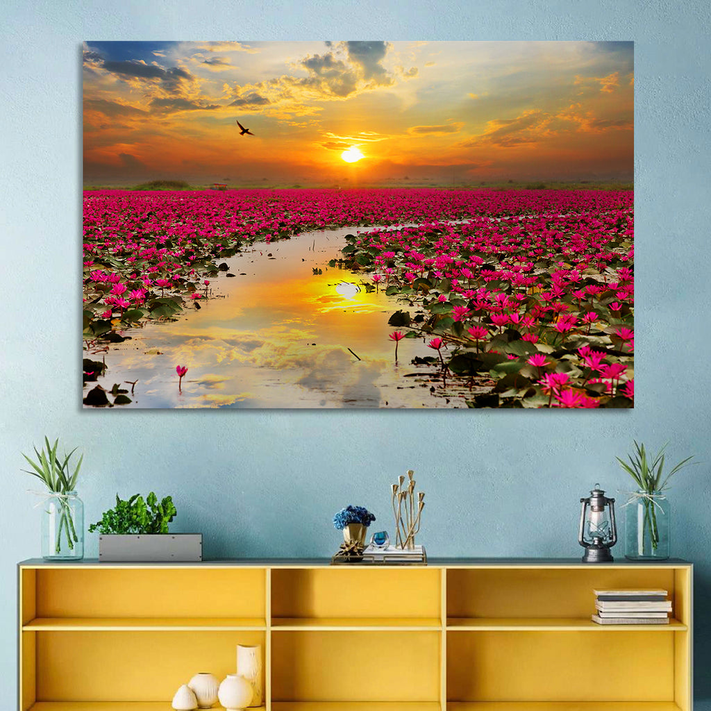 Golden Hour Lotus Field Wall Art