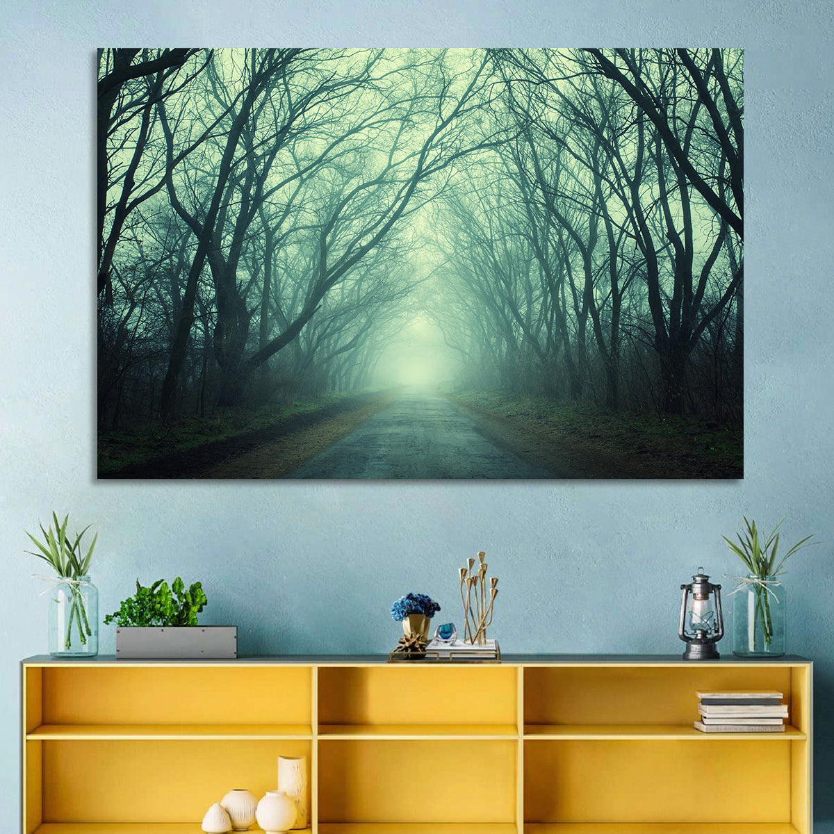 Foggy Forest Pathway Wall Art in a room, landscape