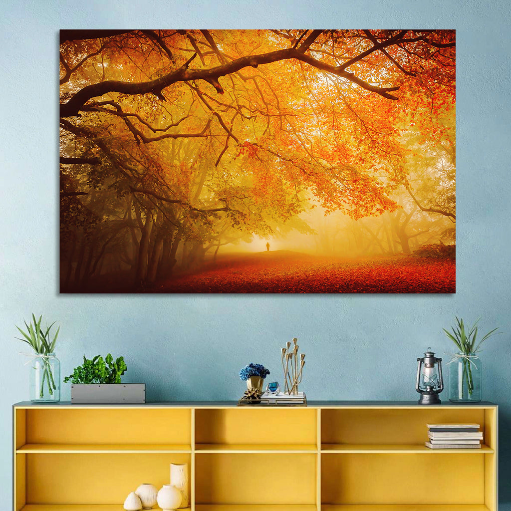 Autumn Forest Path with Lone Figure Wall Art