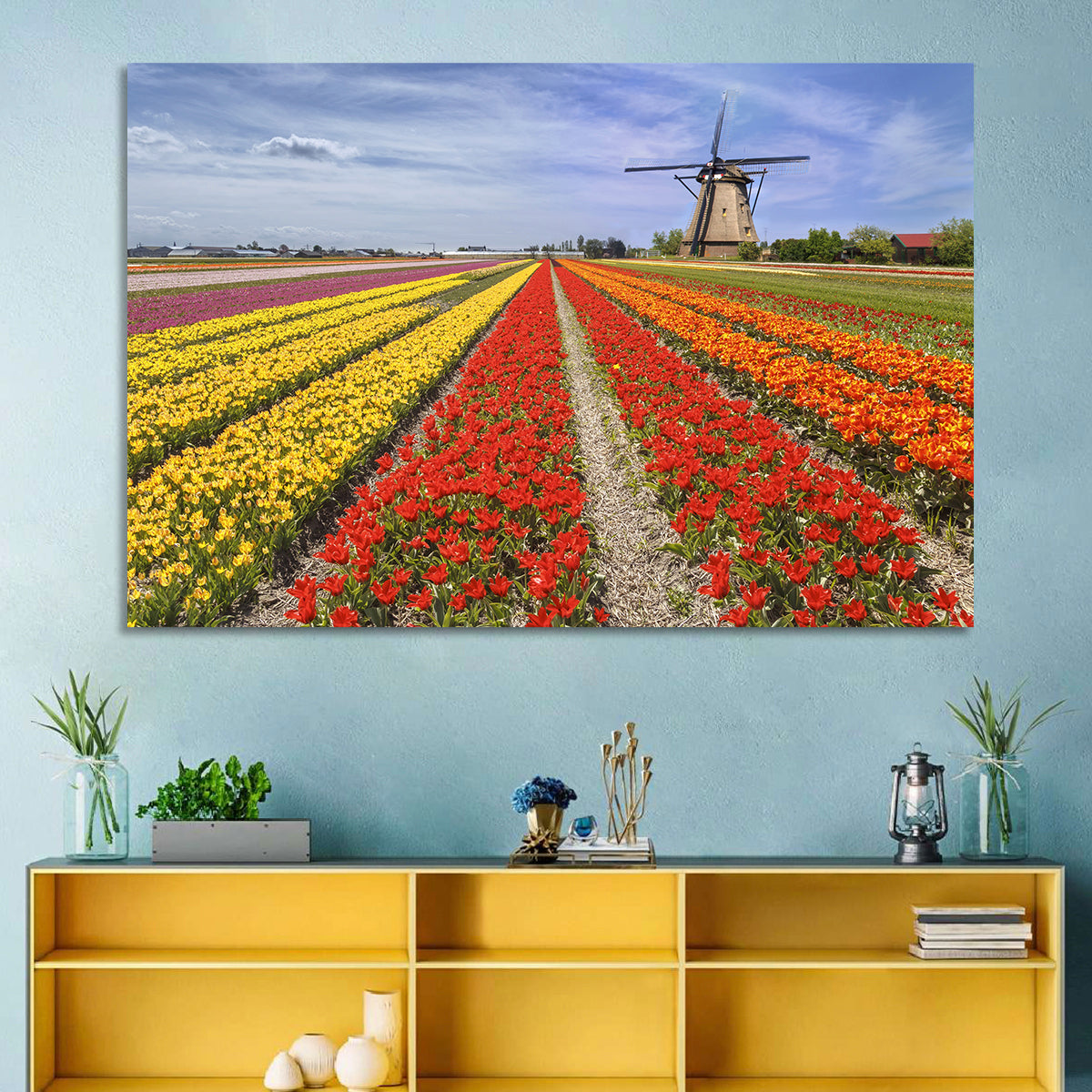 Spring Tulip Fields with Dutch Windmill Wall Art in a room, landscape