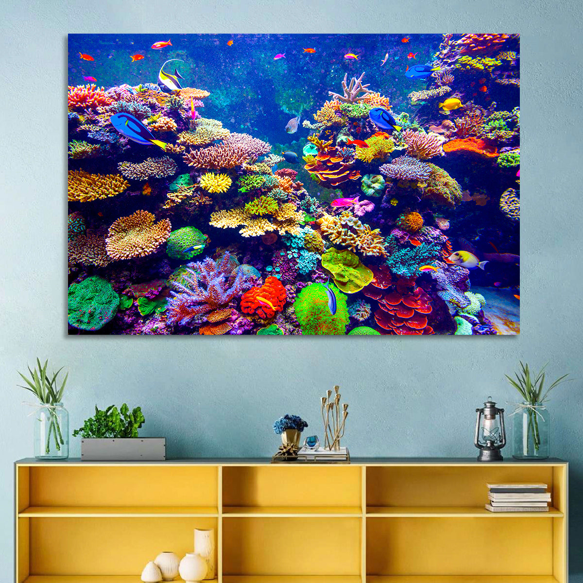 Tropical Coral Reef Aquarium Wall Art in a room, landscape