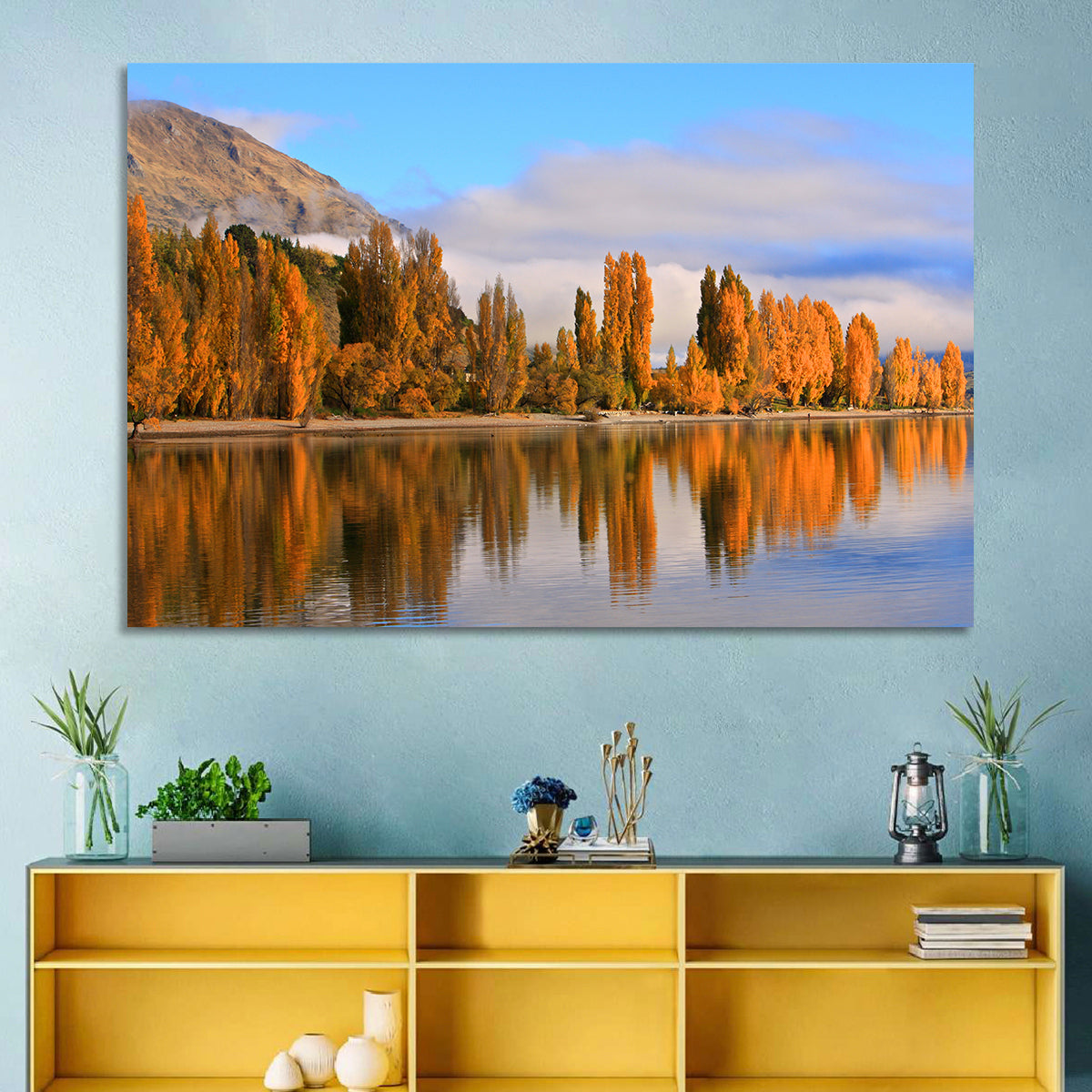 Lake Wanaka Autumn Reflection Wall Art in a room, landscape