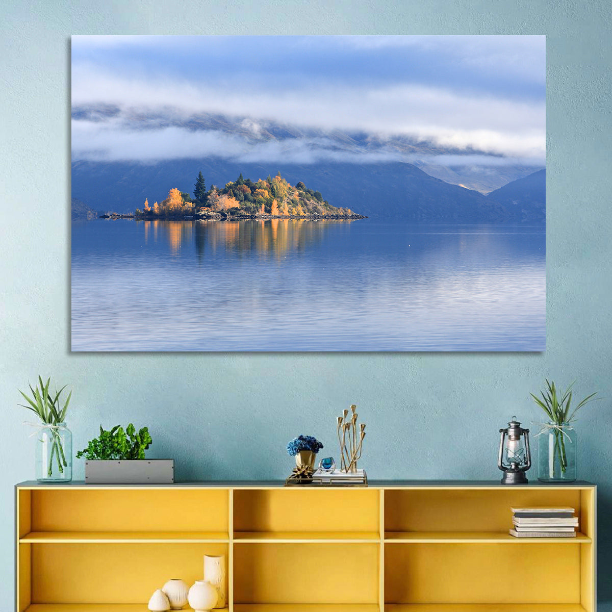 Misty Wanaka Island Reflection Wall Art in a room, landscape