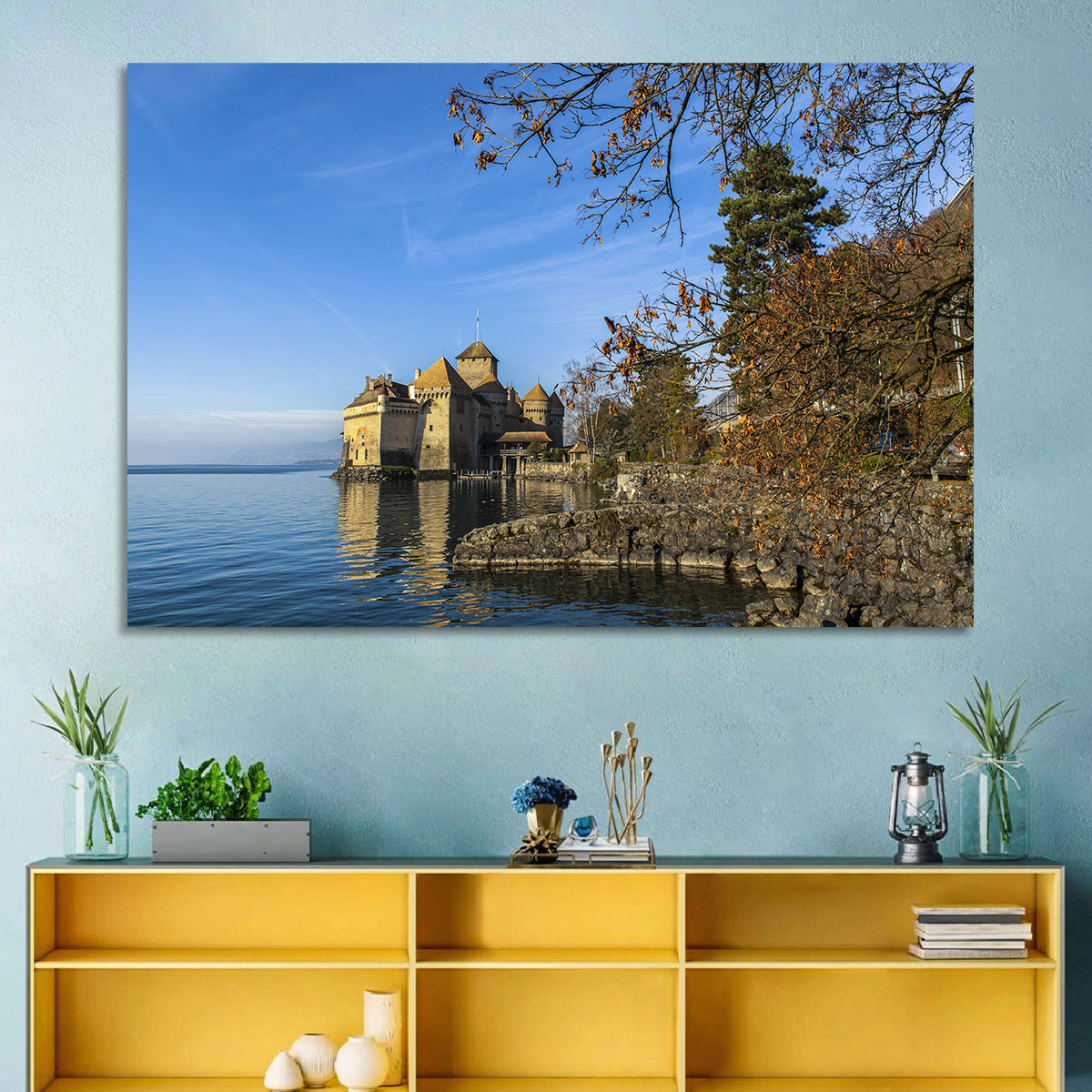Chillon Castle on Lake Geneva Wall Art in a room, landscape