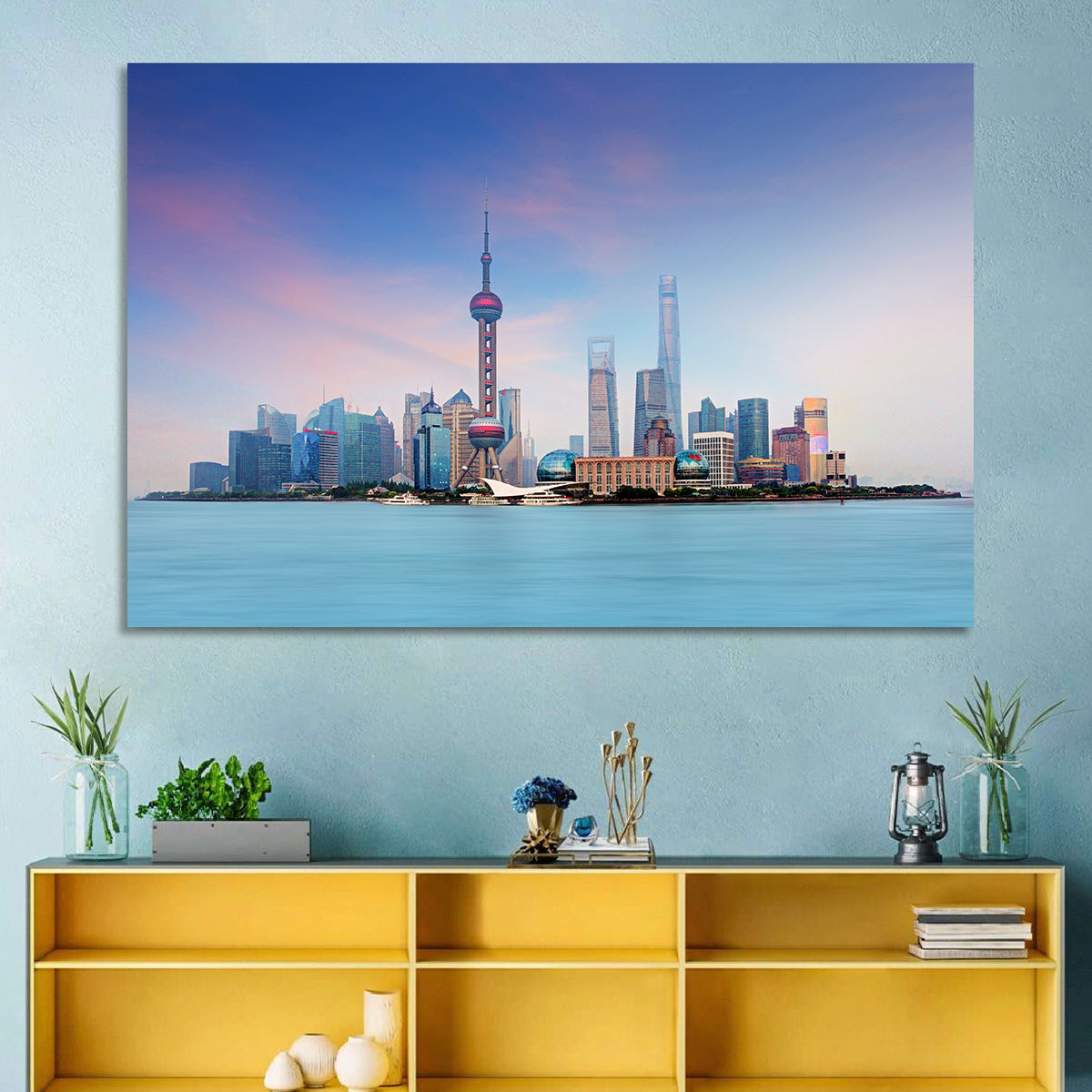 Shanghai Lujiazui Skyline Wall Art in a room, landscape
