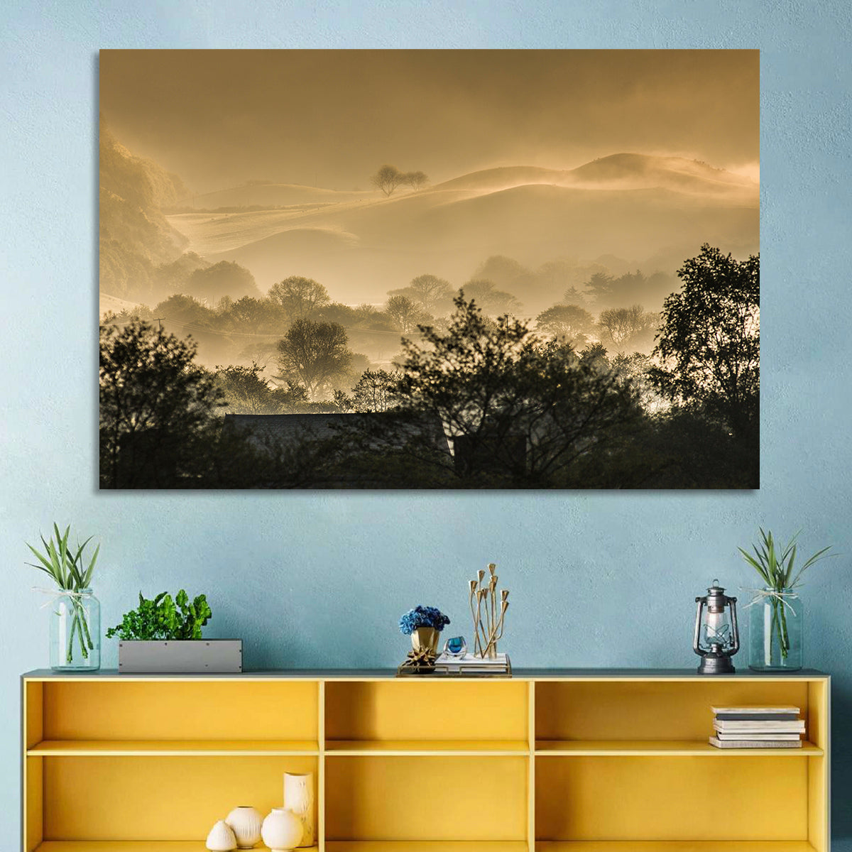 Bronze Morning Mist Over Hills Wall Art in a room, landscape