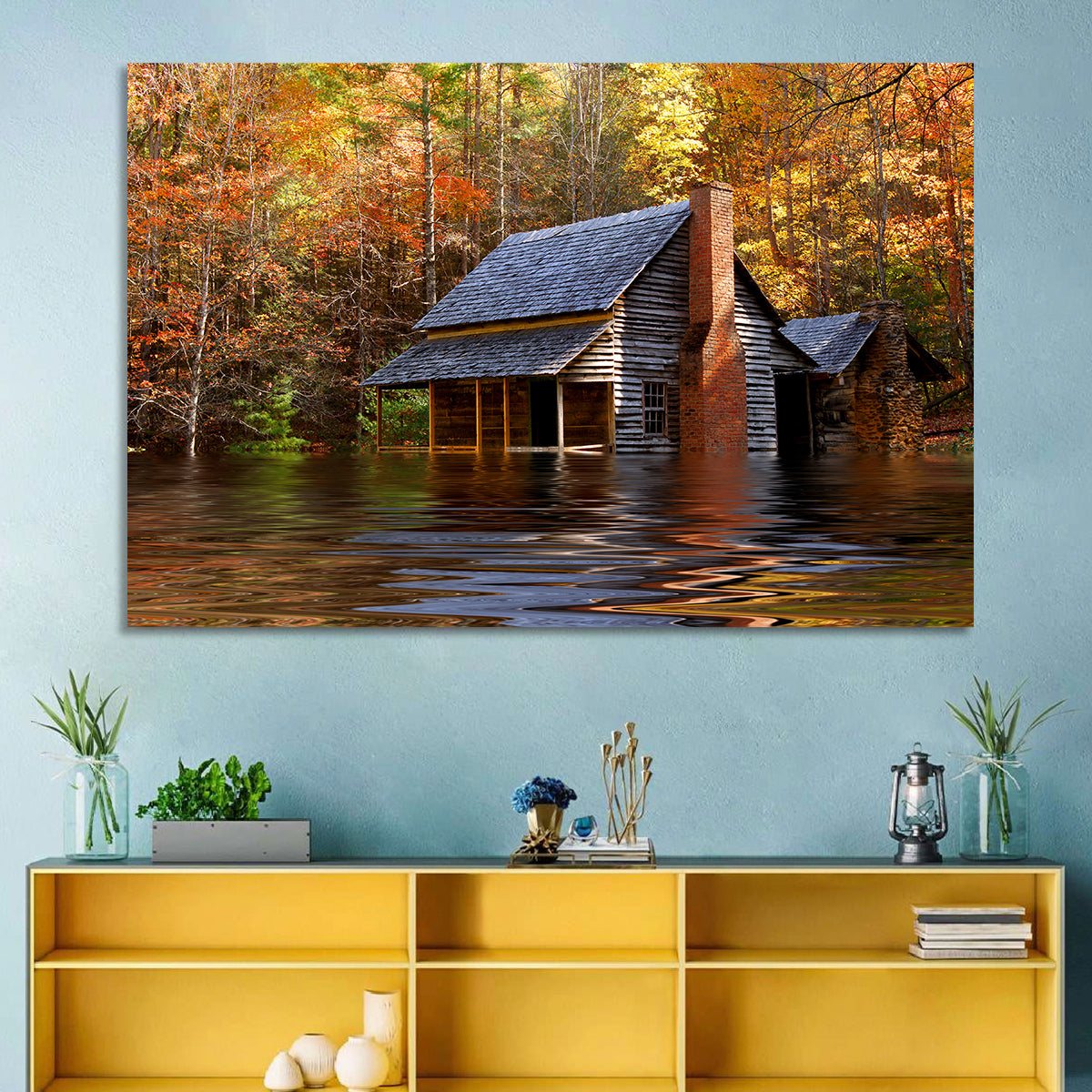 Autumn Flooded Log Cabin Wall Art in a room, landscape
