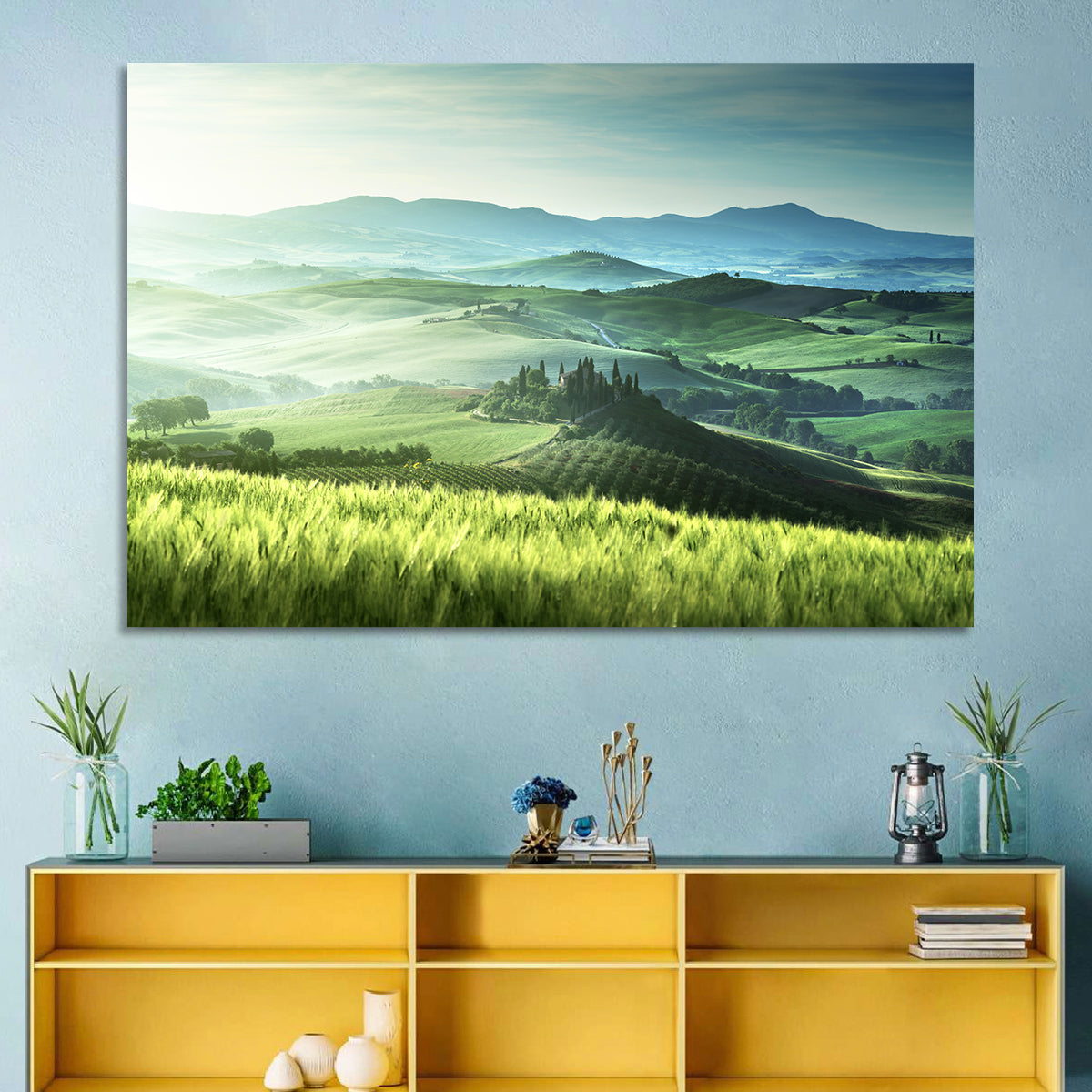Misty Rolling Hills with Cypresses Wall Art in a room, landscape
