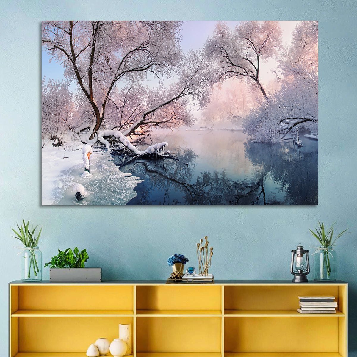 Snowy Lake Morning Mist Wall Art in a room, landscape