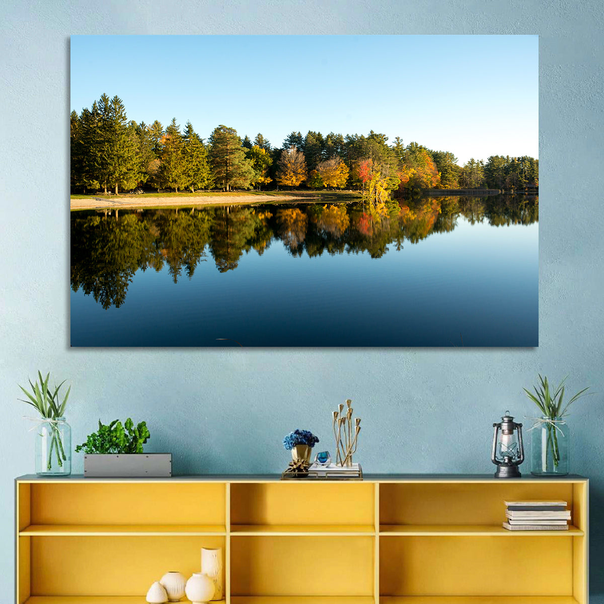 Lake Shaftsbury Autumn Reflection Wall Art in a room, landscape