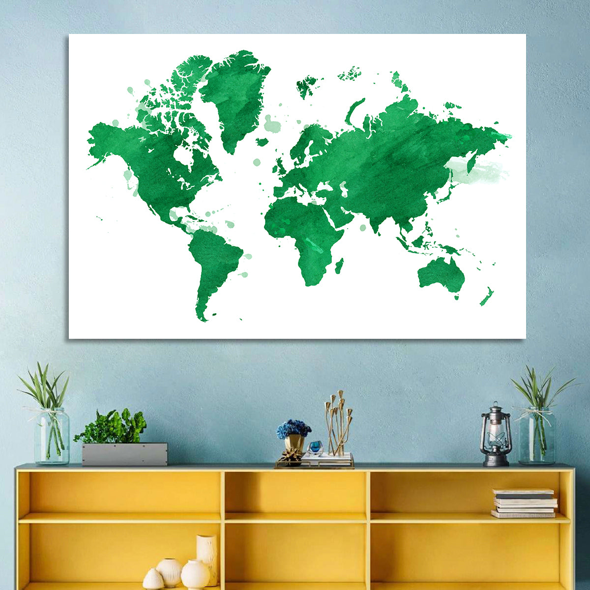 Green Watercolor World Map Wall Art in a room, landscape