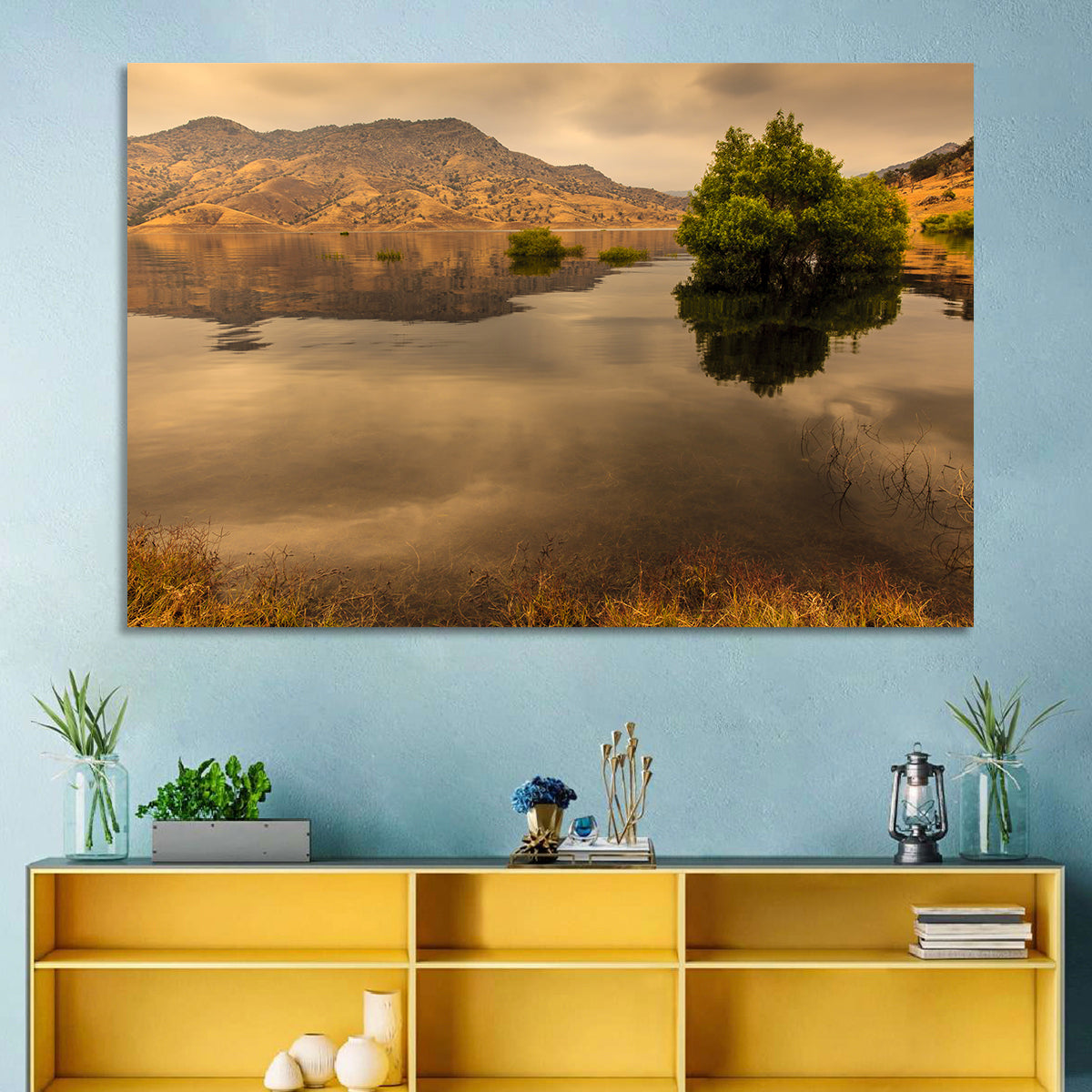 Lake Kaweah Golden Hour Reflection Wall Art in a room, landscape