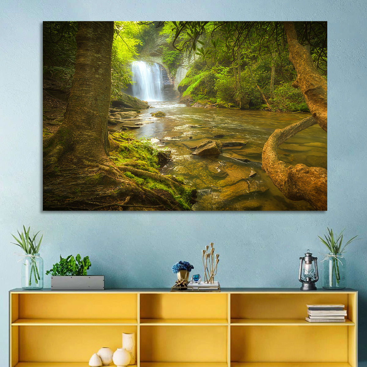 Deep Forest Waterfall Wall Art in a room, landscape