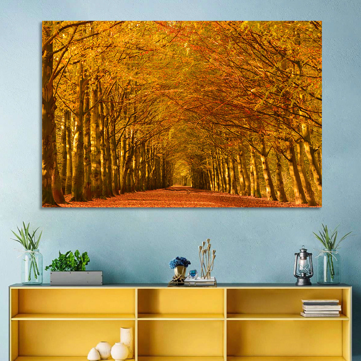Golden Beech Tree Tunnel in Autumn Wall Art in a room, landscape