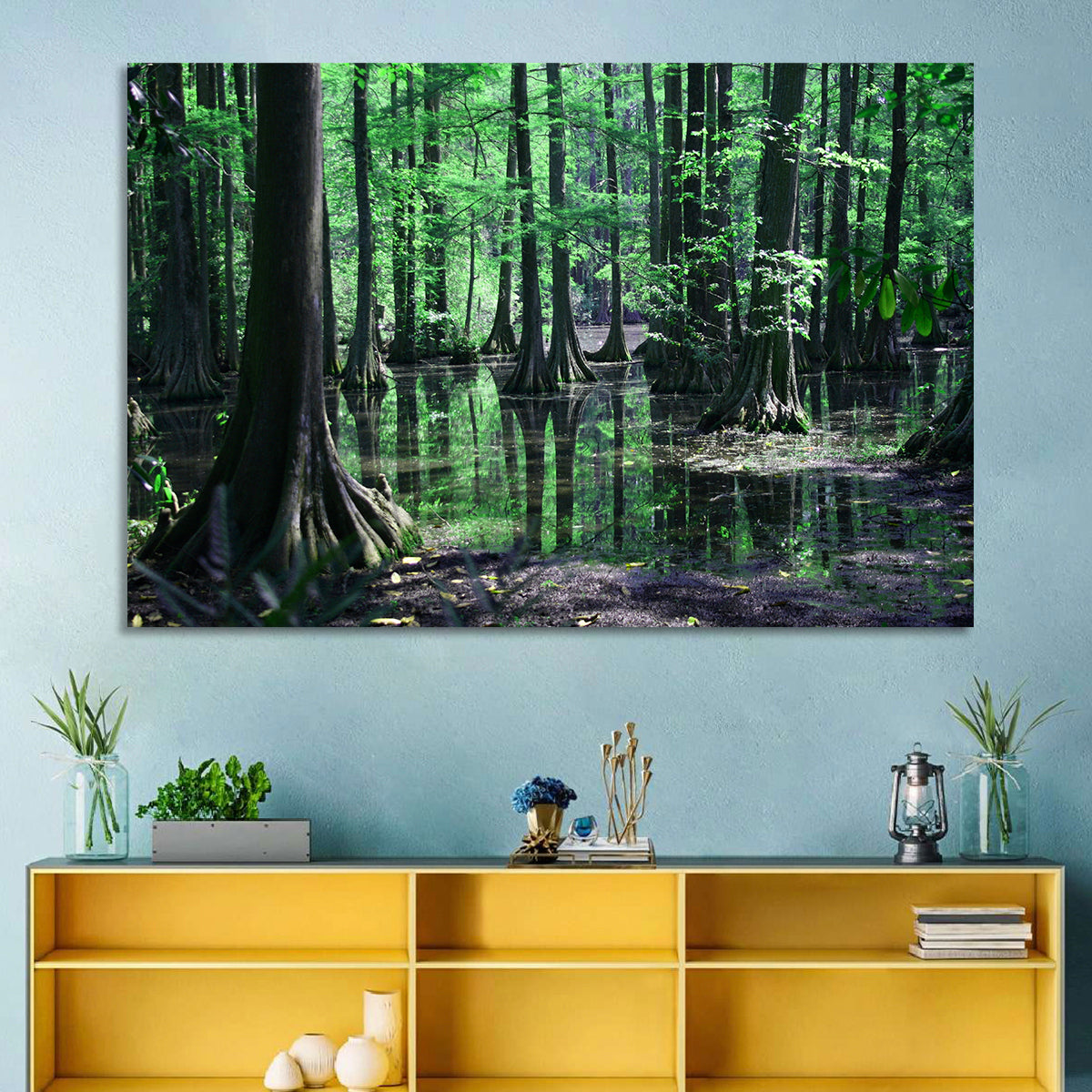 Congaree Swamp Reflection Wall Art in a room, landscape