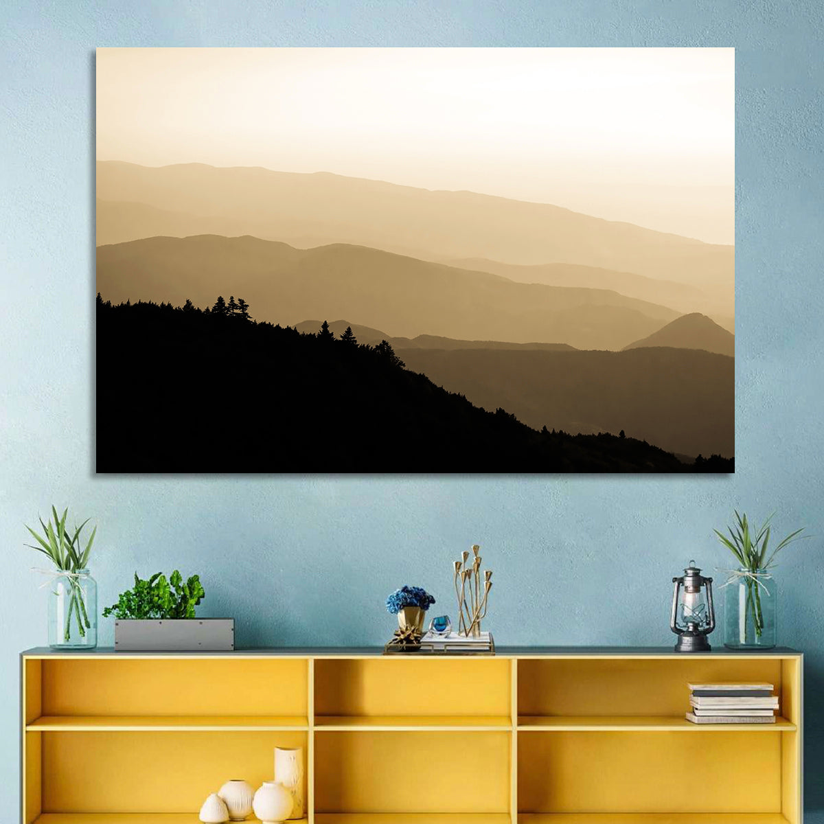 Foggy Mountain Sunset with Evergreen Silhouettes Wall Art in a room, landscape
