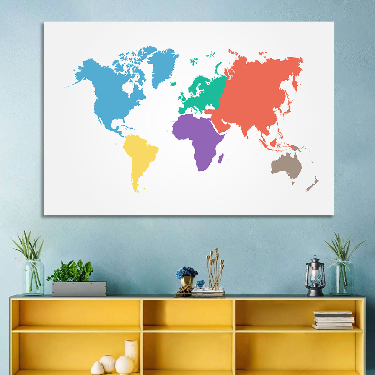 World Continents Map Wall Art in a room, landscape