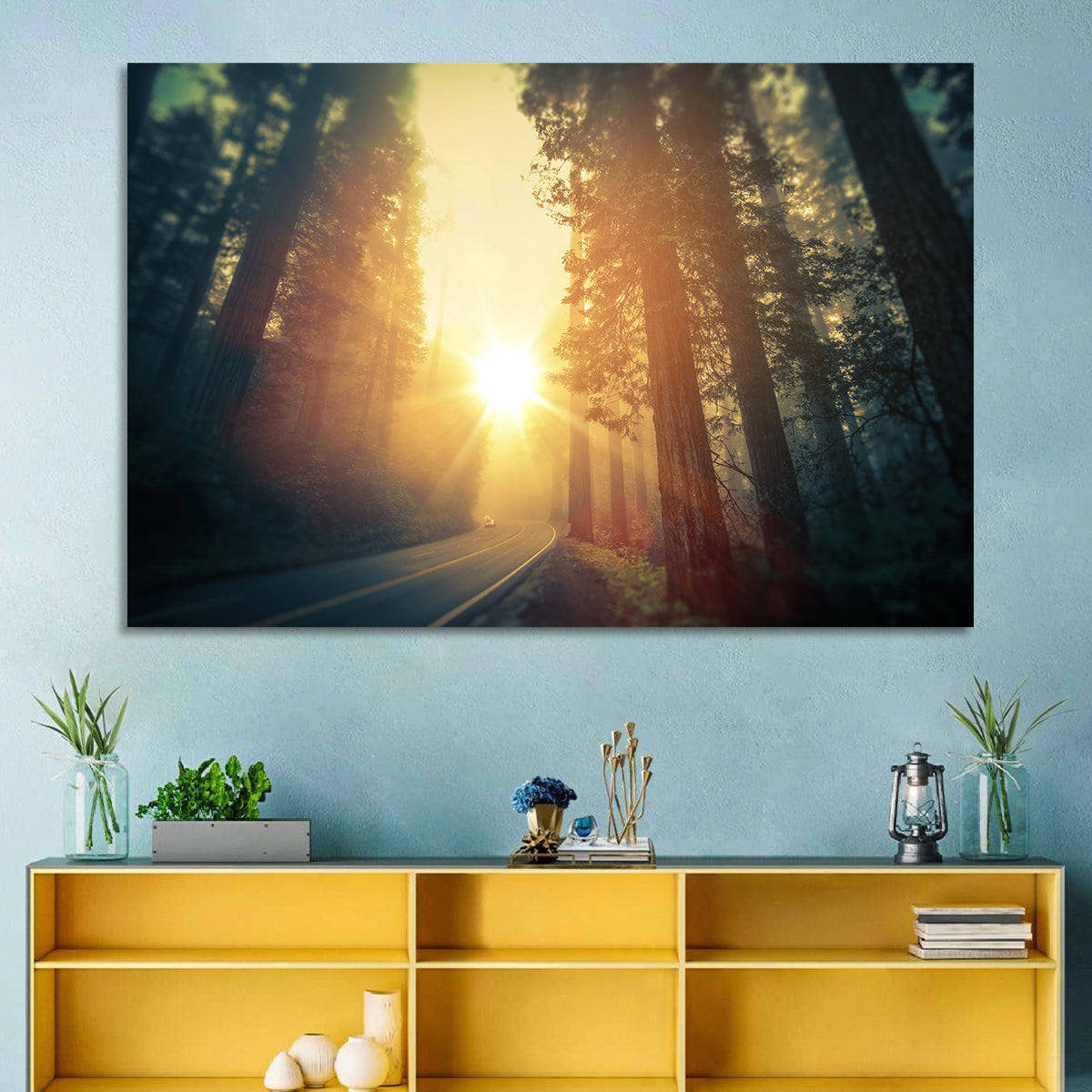 Misty Redwood Road with Golden Sunburst Wall Art