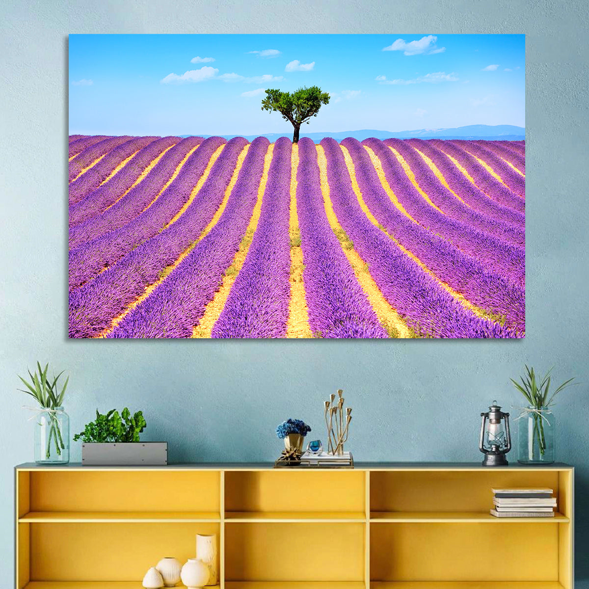 Lavender Field Wall Art in a room, landscape