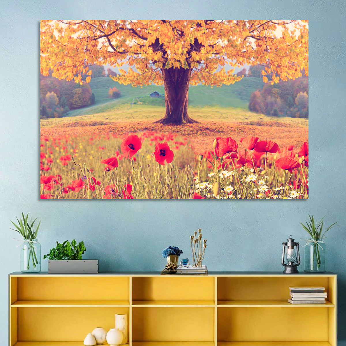 Autumn Tree and Poppy Field Wall Art in a room, landscape