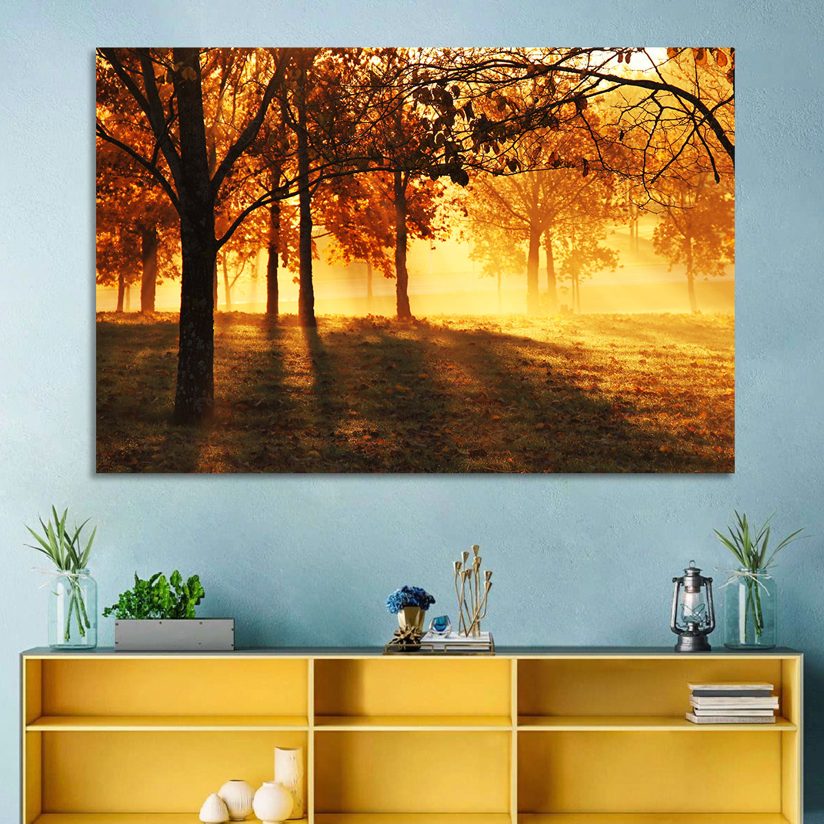 Autumn Sunbeams Through Fog Wall Art in a room, landscape