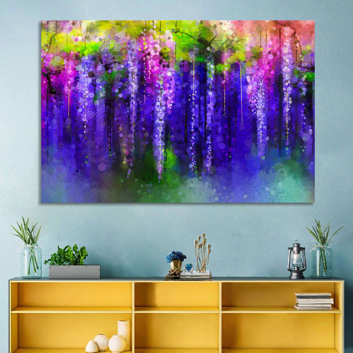 Dreamy Wisteria Vines Wall Art in a room, landscape