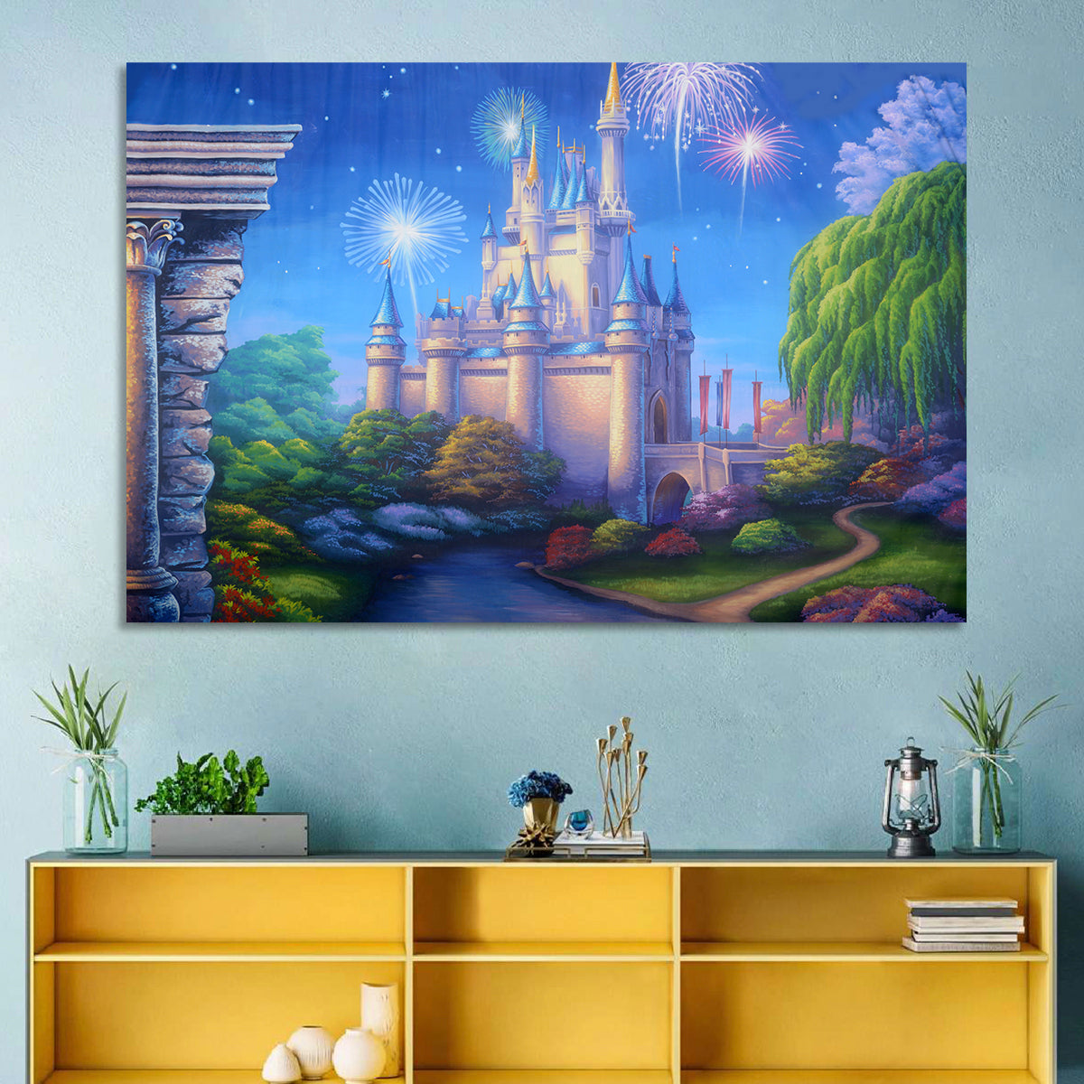 Cinderella Castle Fireworks Illustration Wall Art in a room, landscape