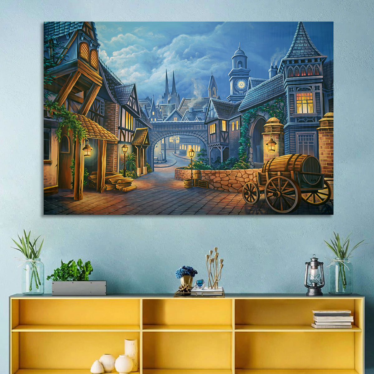 Victorian London Cobblestone Street Wall Art in a room, landscape