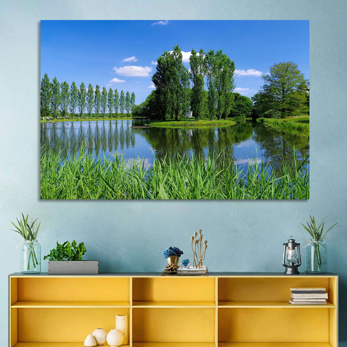 Woerlitz Rousseau Island Reflection Wall Art in a room, landscape