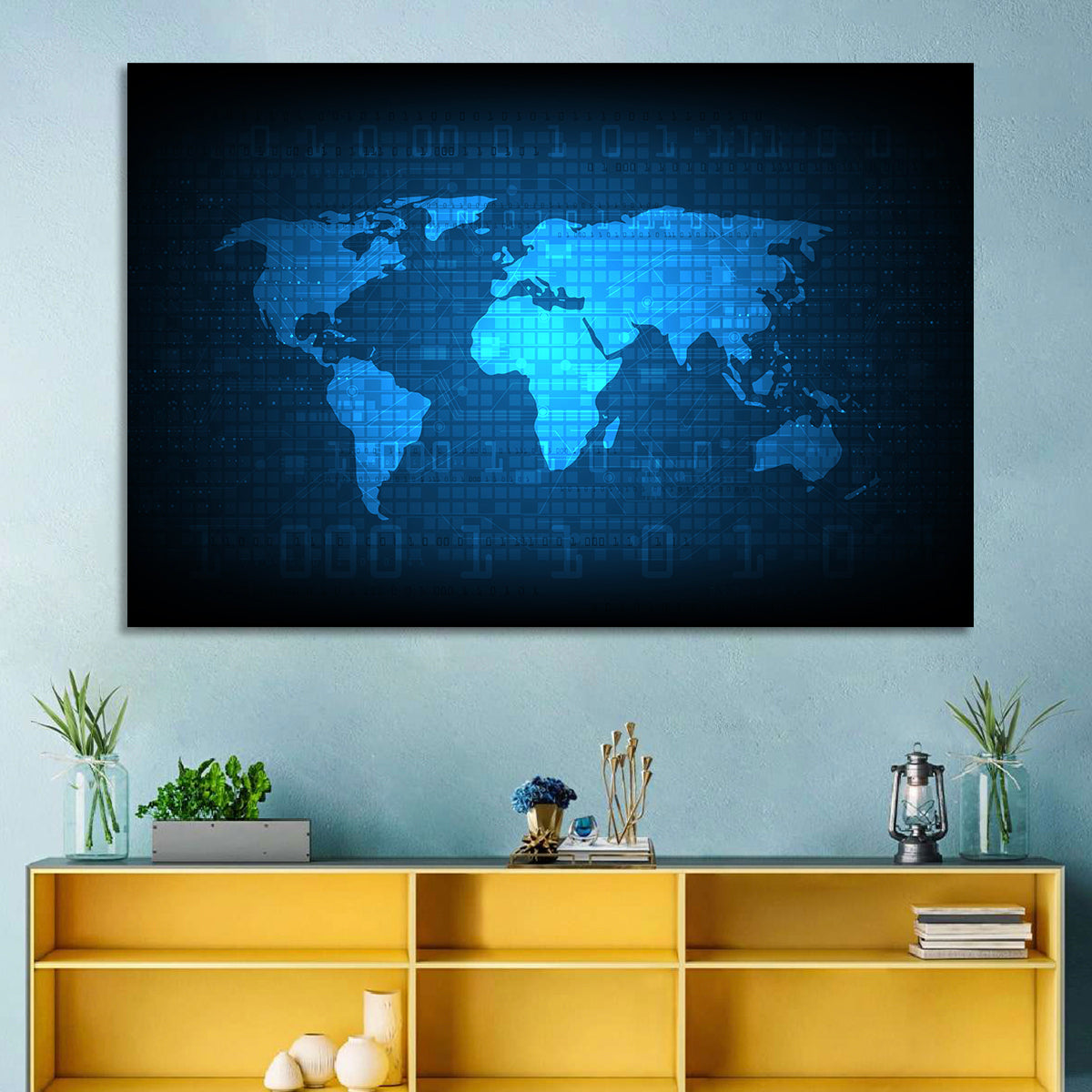 Binary Grid World Map Wall Art in a room, landscape