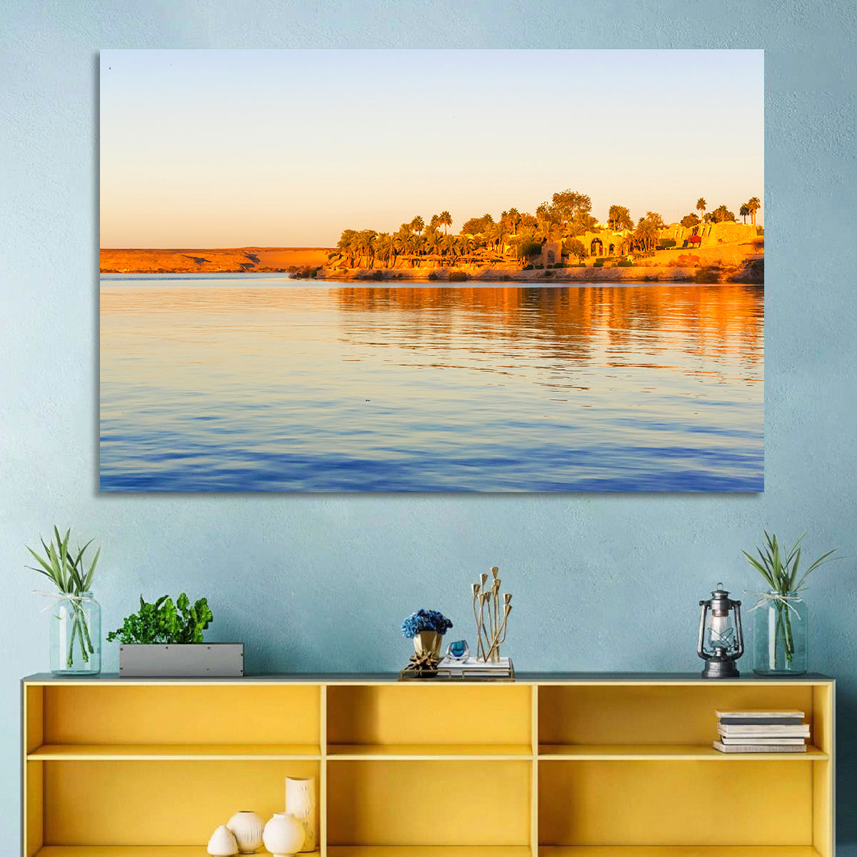 Lake Nasser Golden Hour Wall Art in a room, landscape