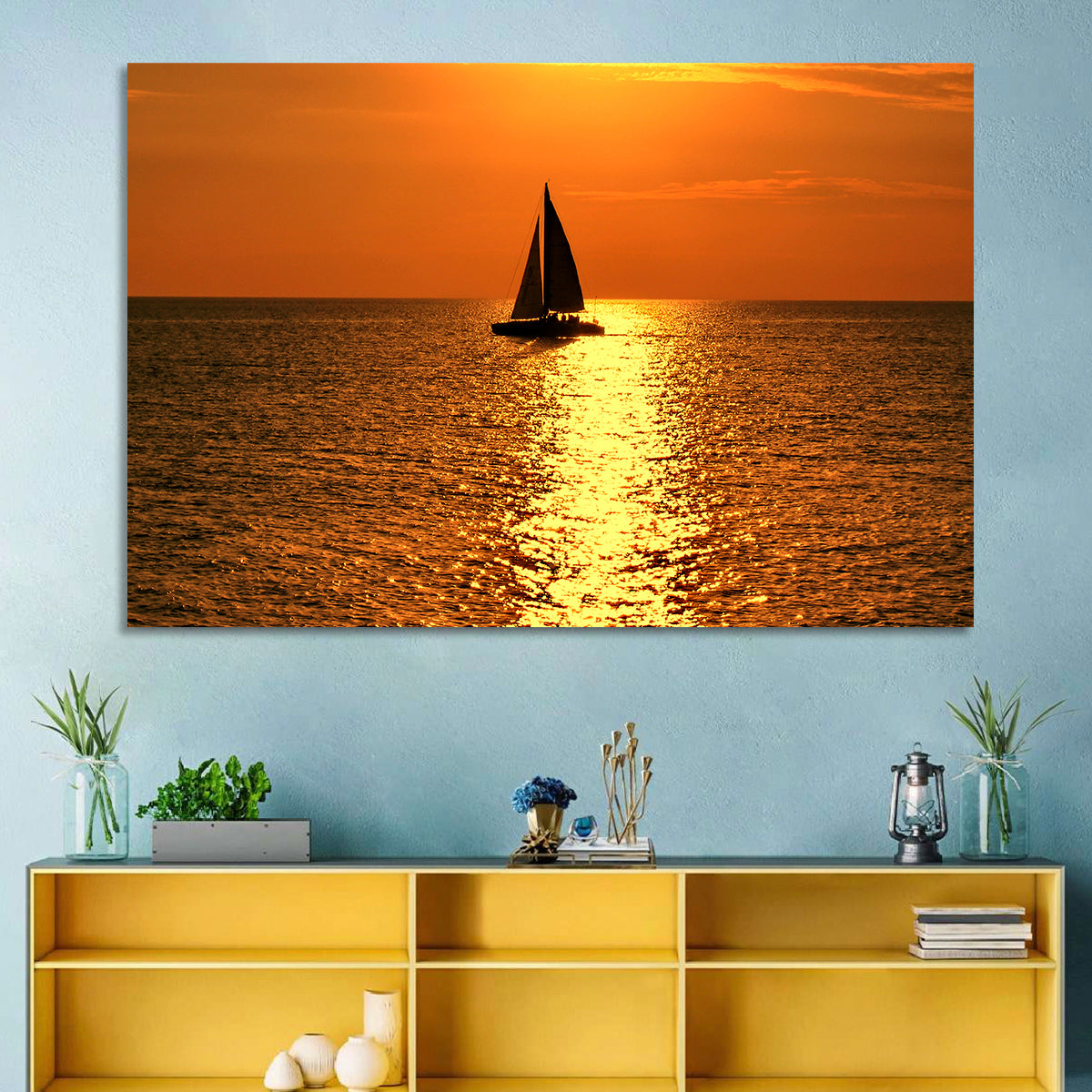Sailboat Silhouette at Golden Sunset Wall Art
