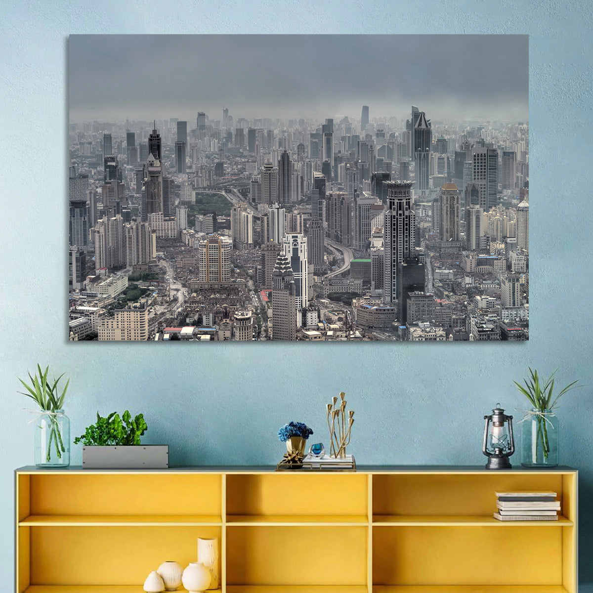 Shanghai Layered Skyline Wall Art in a room, landscape