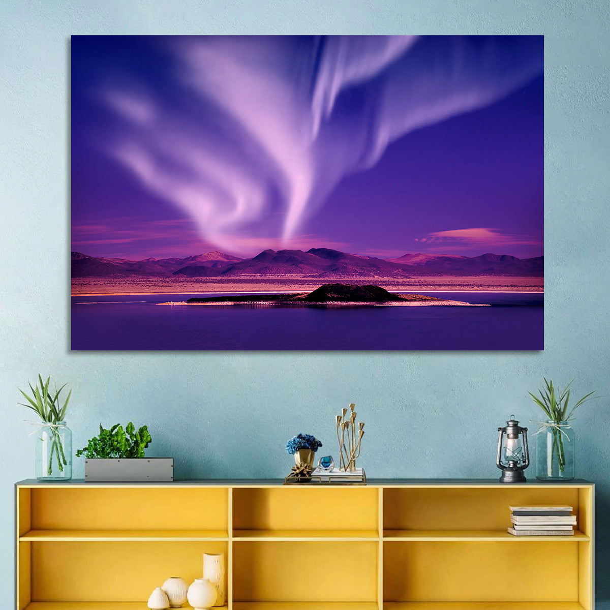 Northern Lights Over Island Wall Art in a room, landscape