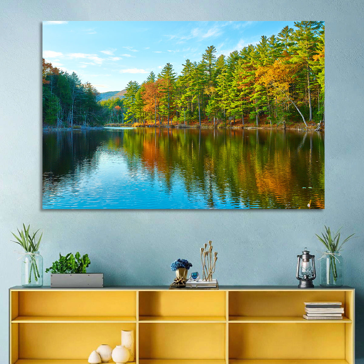 White Mountain Forest Reflections Wall Art in a room, landscape