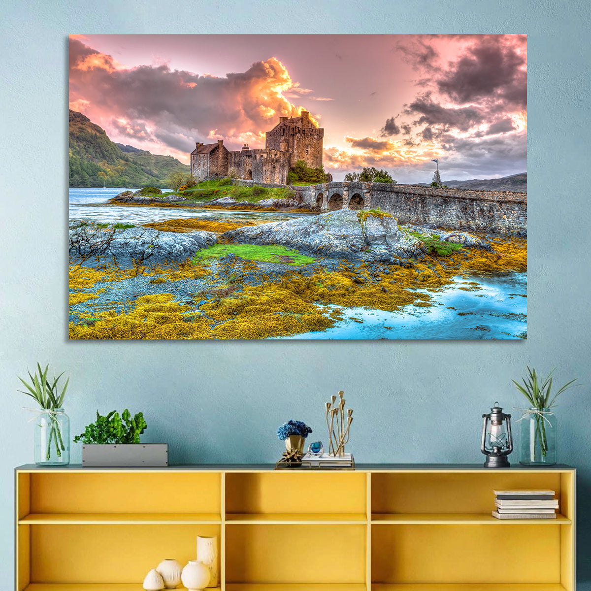 Eilean Donan Castle at Sunset Wall Art in a room, landscape
