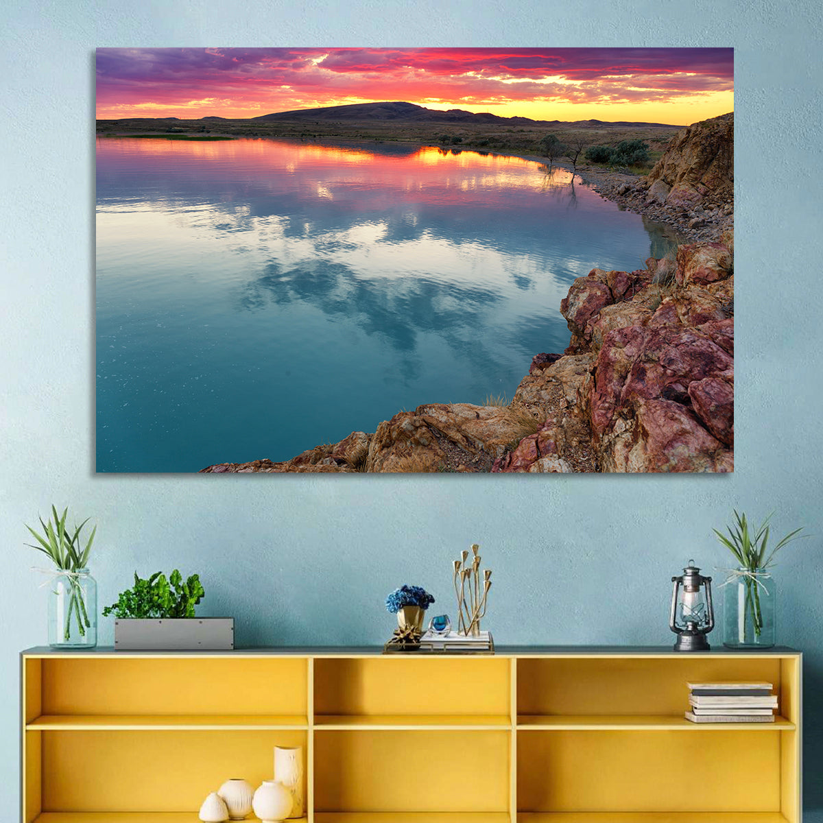 Lake Balkhash Sunset Reflection Wall Art in a room, landscape