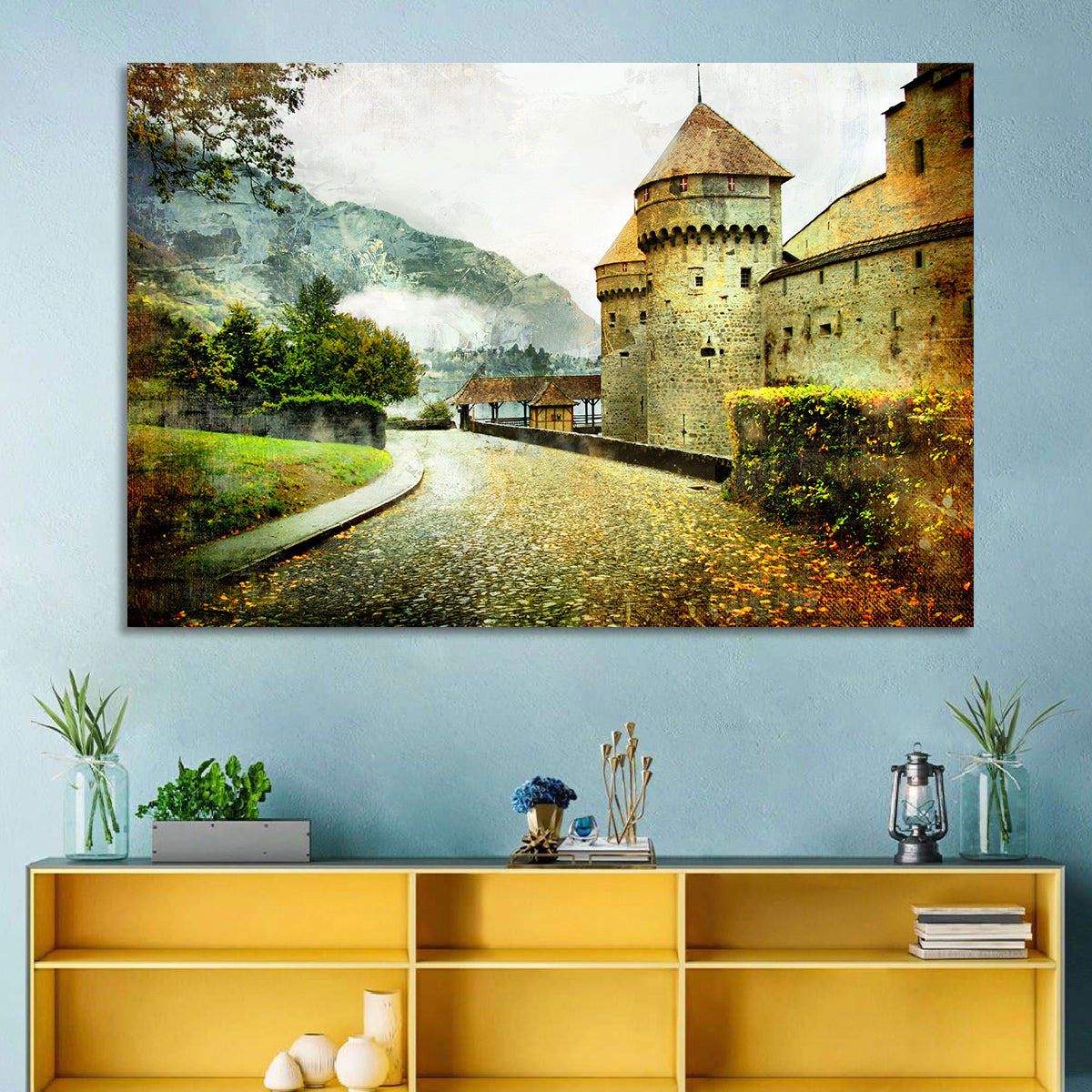 Autumn Approach to Chillon Castle Wall Art in a room, landscape