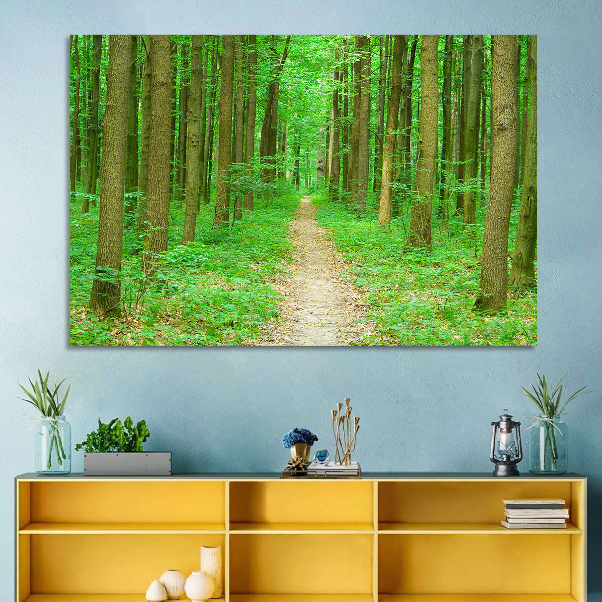 Green Forest Pathway Wall Art in a room, landscape
