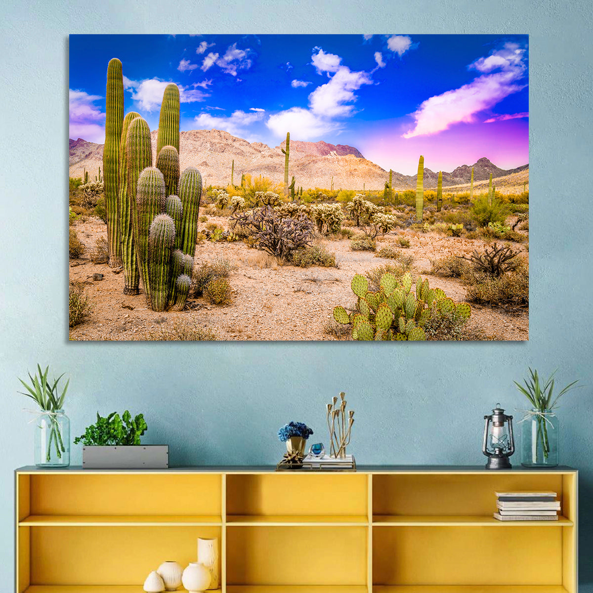 Arizona Saguaro Sunset Wall Art in a room, landscape