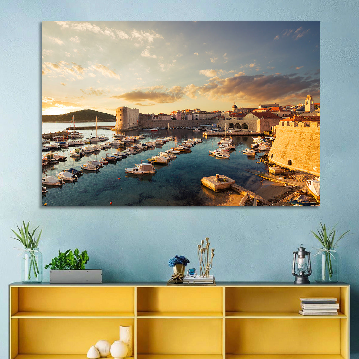 Dubrovnik Old Port at Golden Hour Wall Art in a room, landscape