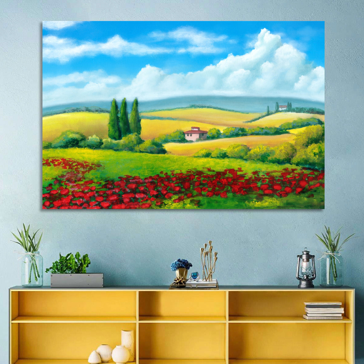 Tuscan Poppy Field Wall Art in a room, landscape