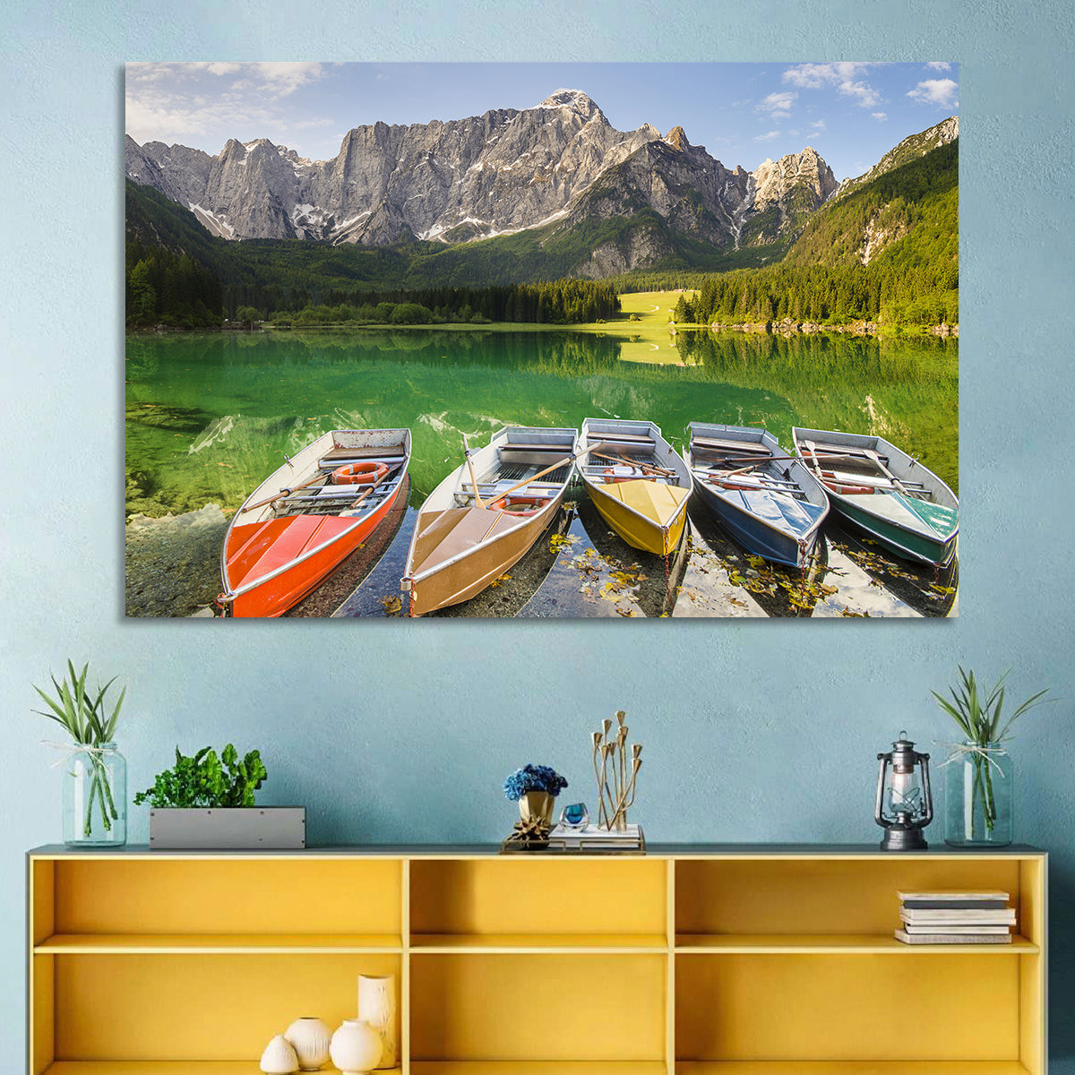 Five Boats at Lago Superiore Di Fusine Wall Art in a room, landscape