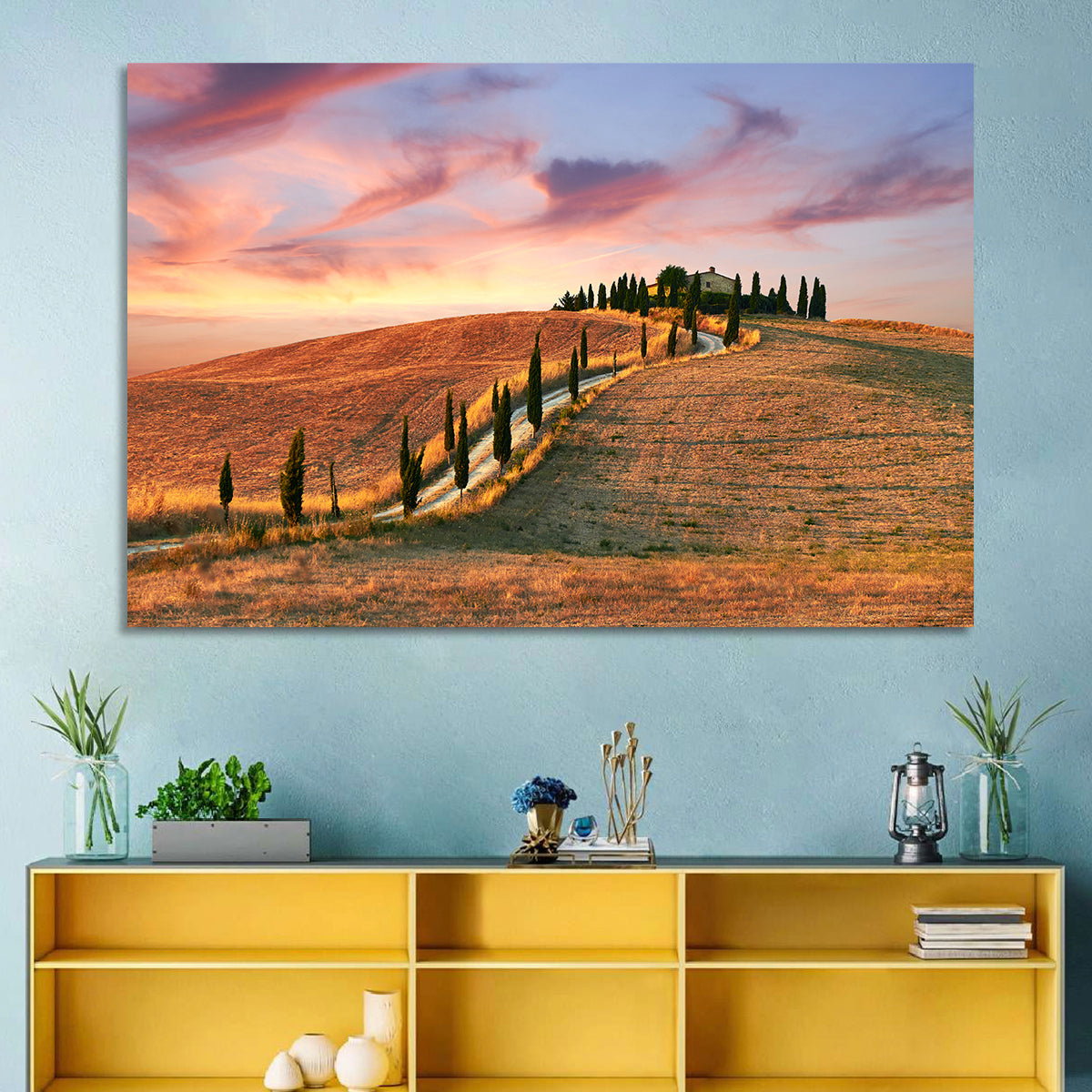 Tuscan Hilltop Road at Dusk Wall Art in a room, landscape