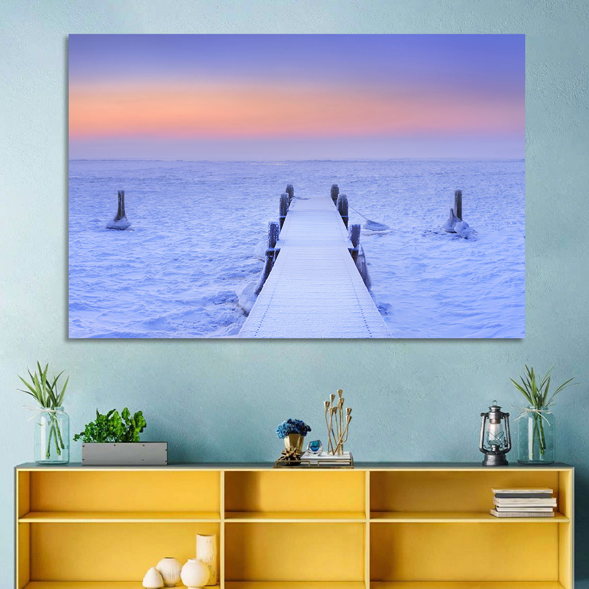 Frosted Jetty at Sunrise Wall Art in a room, landscape
