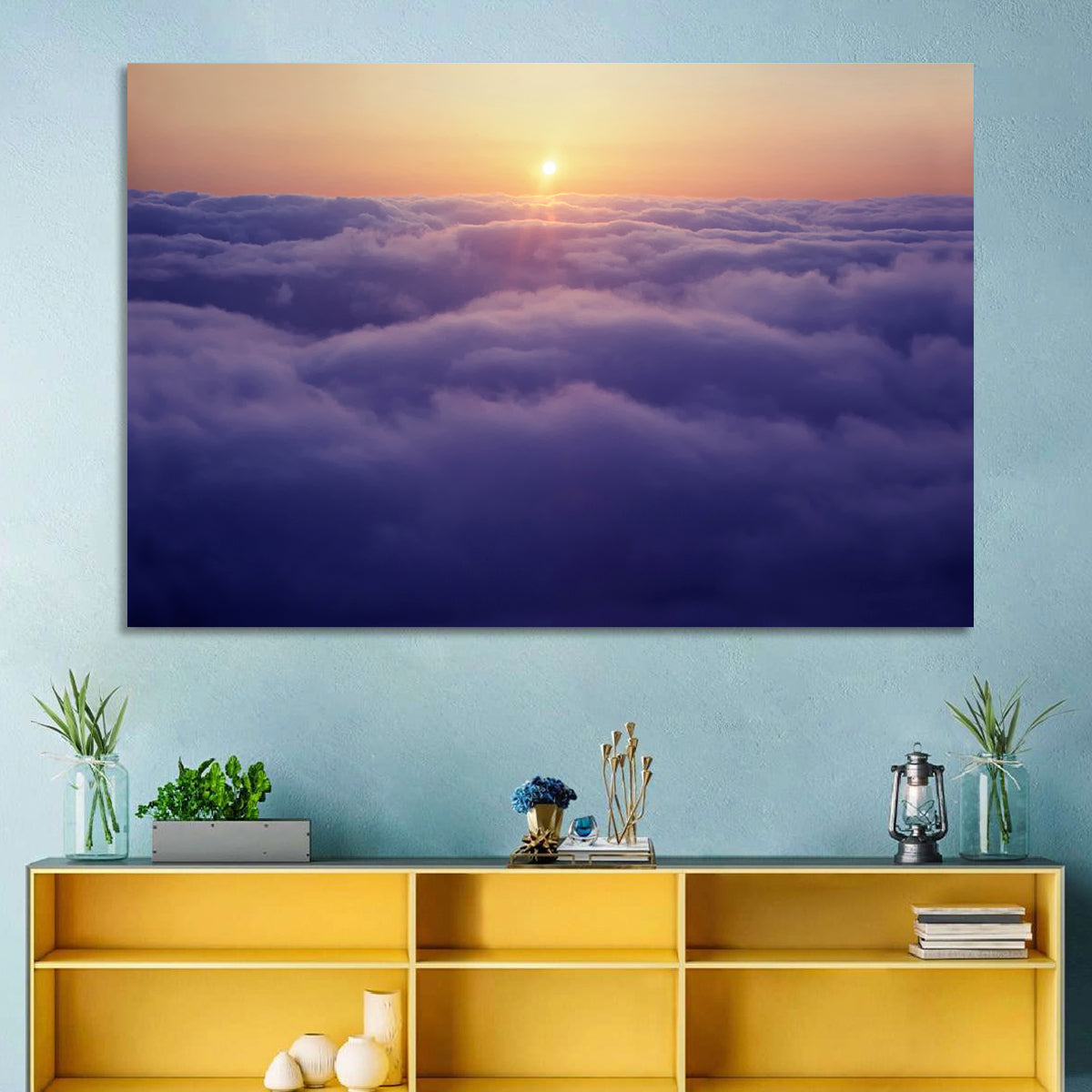 Sunset Over Endless Clouds Wall Art in a room, landscape