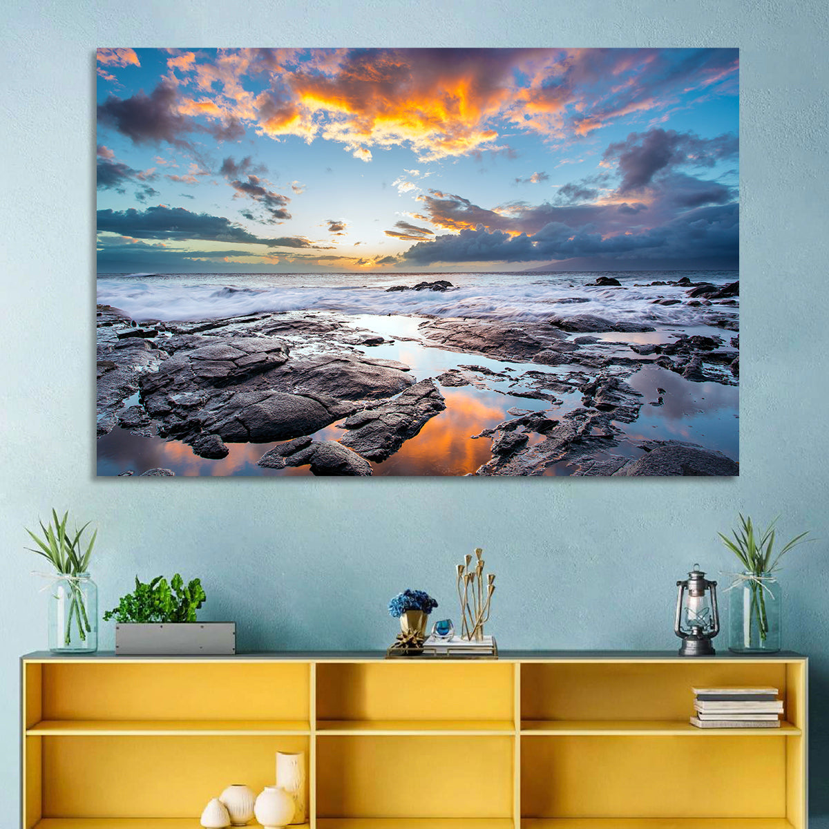 Sunset Over Volcanic Shore Wall Art in a room, landscape